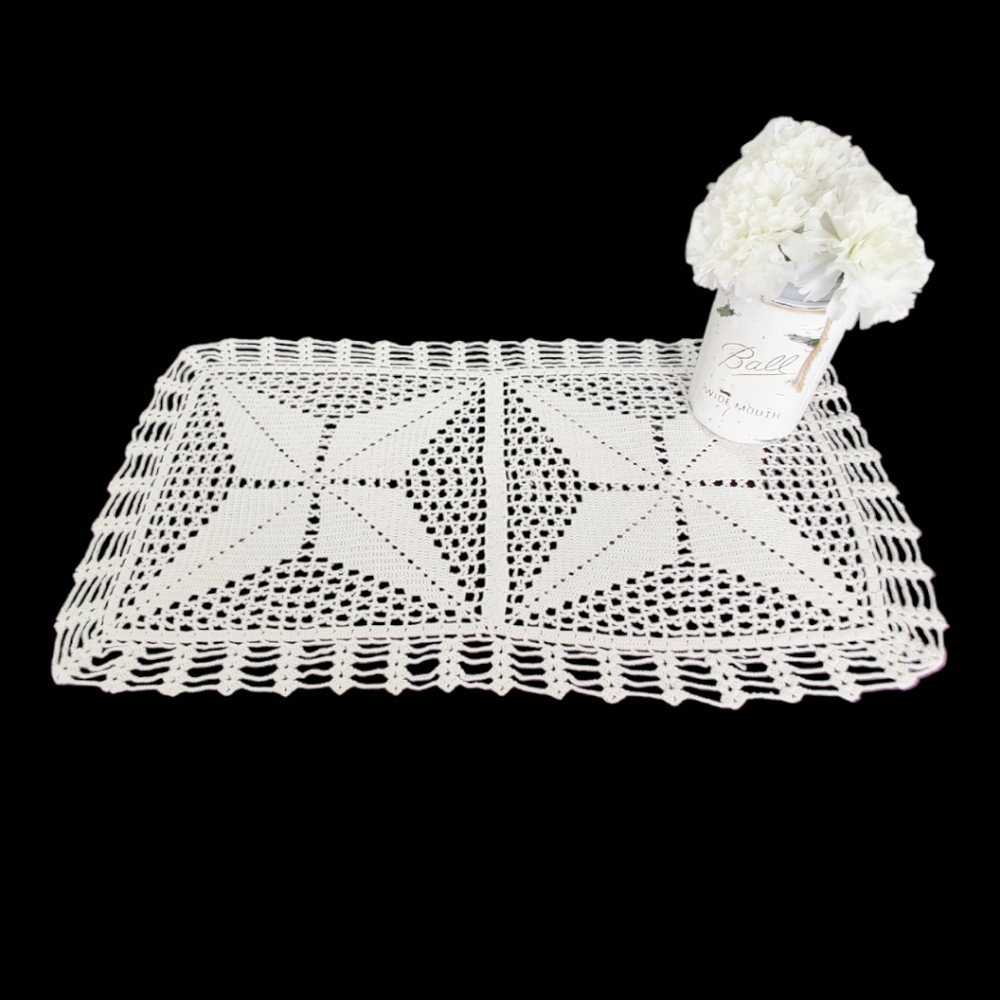 Retro crocheted rectangular, dresser, scarf, table runner, doily, table linens.